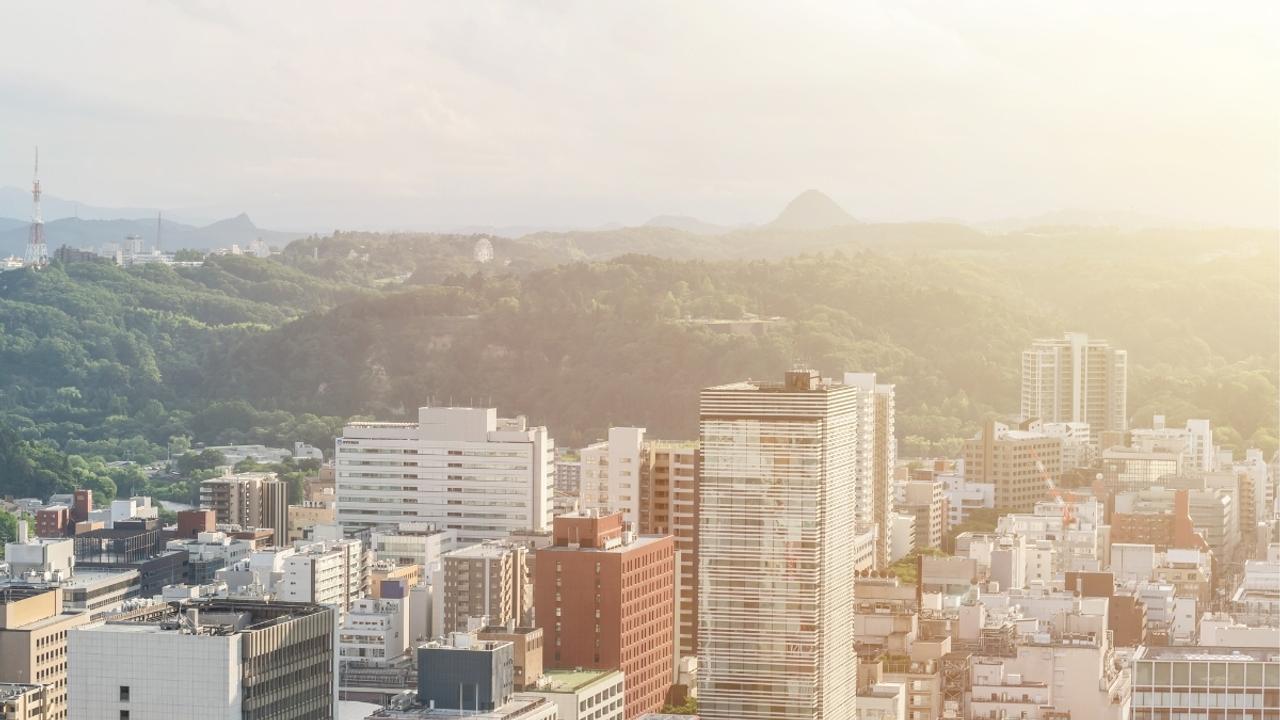 City skyline looking towards the mountains Sendai Japan