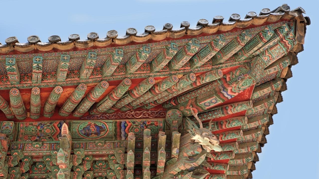 Detail of carvings on temple, South Korea