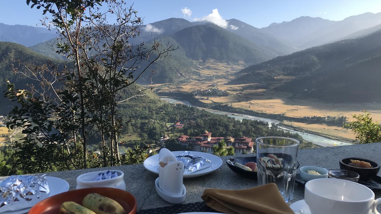 Breakfast with a view at Dhumra Farm Resort Punakha Bhutan