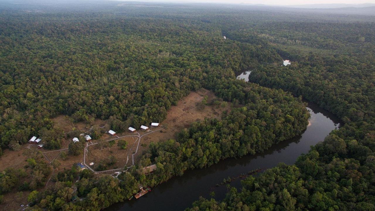 Aerial view of Cardamom Tented camp and the river