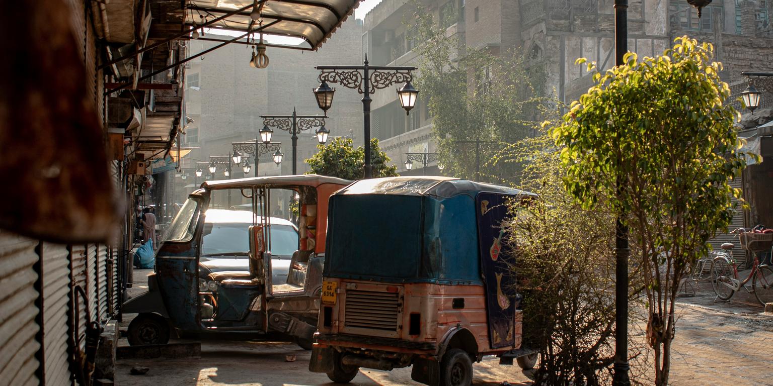 Tuk-tuks parked at the side of the road, Pakistan, Selective Asia