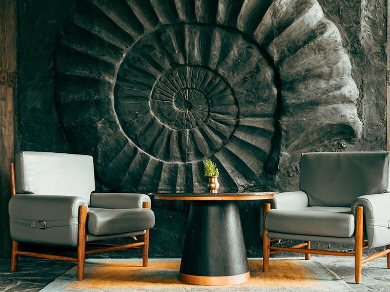 Armchairs in front of large ammonite artwork